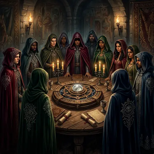 Enigmatic Secret Society Meeting | Diverse Crowd, Mysterious Cloaks