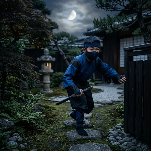Young Ninja Boy Stealthily Navigating Traditional Japanese Garden