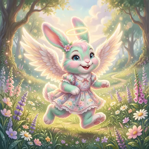 Whimsical Female Bunny with Angel Wings in Pastel Shades
