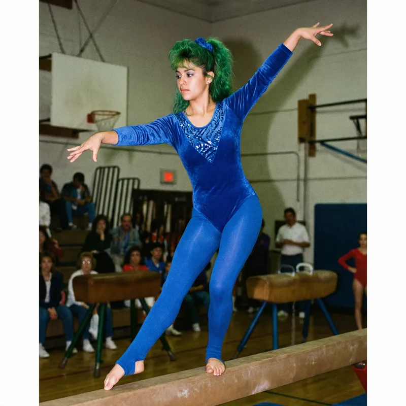 Retro Gymnast with Green Hair in Blue Attire