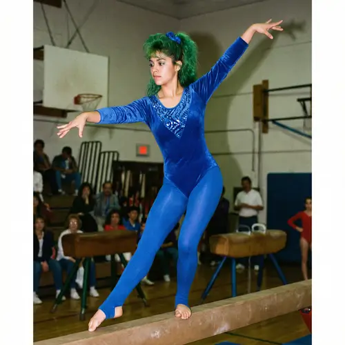1980's Hispanic Gymnast with Vibrant Green Hair