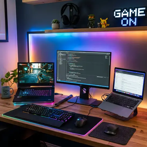 Modern Tech Setup with Dual Laptops and Gaming Keyboard