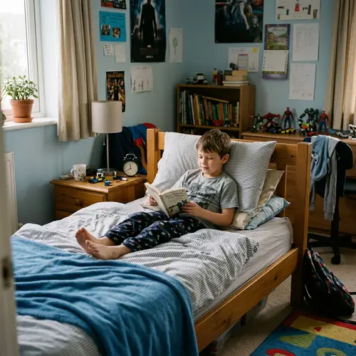 Young Boy Lounging in Bed | Room Scene