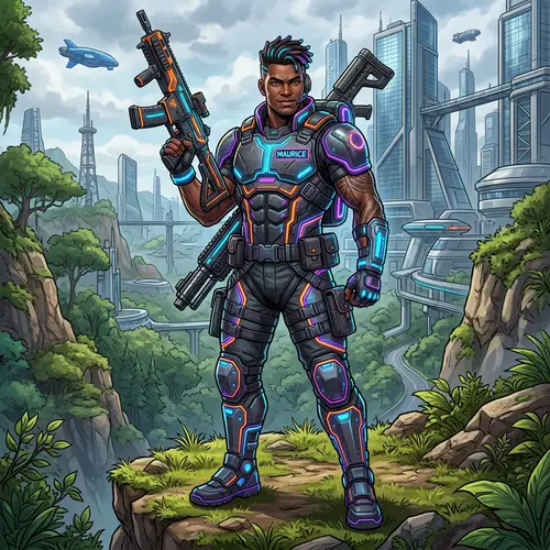 Maurice: Muscular Neon Outfit Character with High-Tech Weapons
