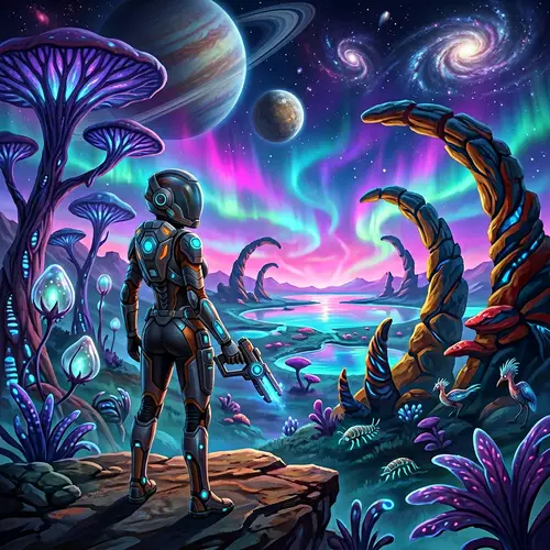 Exploring Alien Planet with Futuristic Character and Vibrant Flora