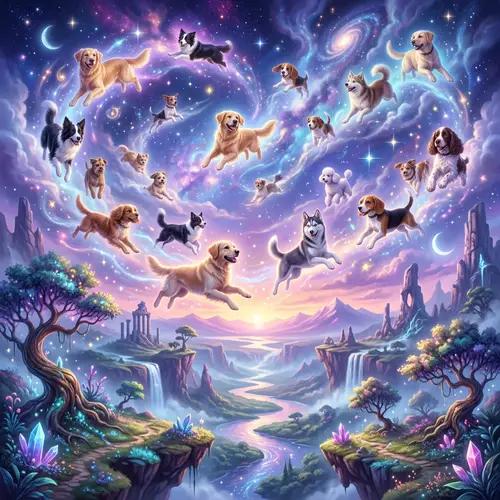 Surrealistic Landscape with Floating Dogs