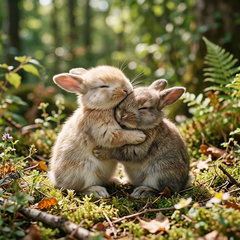 Cute Young Rabbit Hugging Another Bunny
