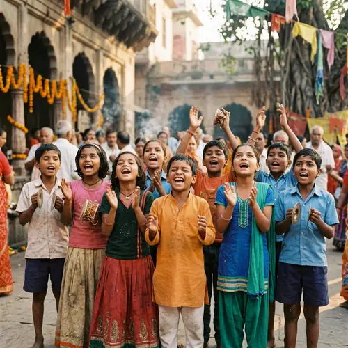 Enthusiastic Children Chanting Devotional Slogan in India