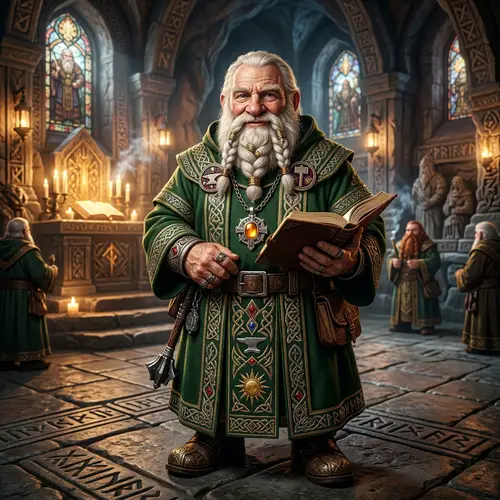 Elderly Dwarf Cleric Character in Green Robes | Fantasy Art