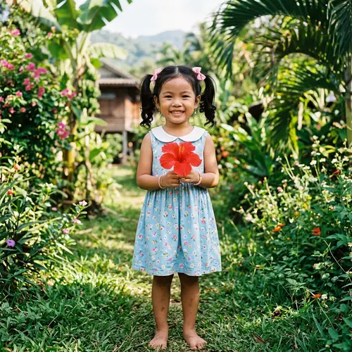 Charming 5-Year-Old Thai Girl with Bright Smile and Hibiscus Flower