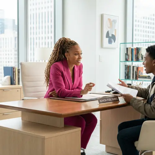 Empowering Black Woman Leading Publishing Company in Modern Office