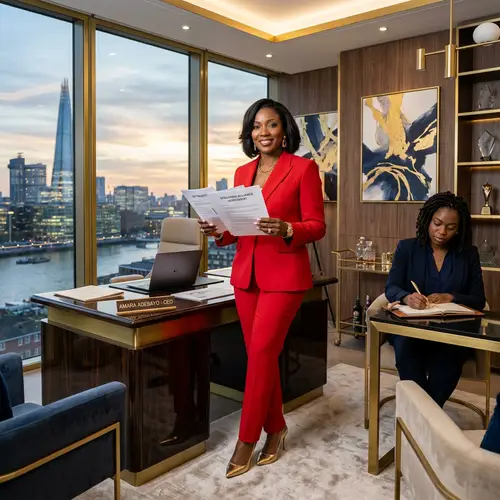 Black Female CEO in Modern Office: Exuding Confidence in Red Suit