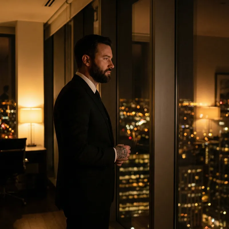 Elegant Urban Romanticism: Suited Man in London Night Lights