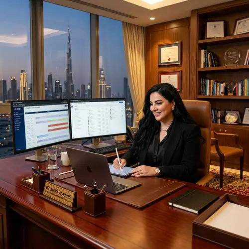 Plus-Size Middle-Eastern Woman in Black Elegance at Luxury Office