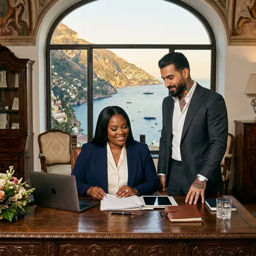 Luxurious Plus-Size African American Woman & Middle-Eastern Man in Italian Villa