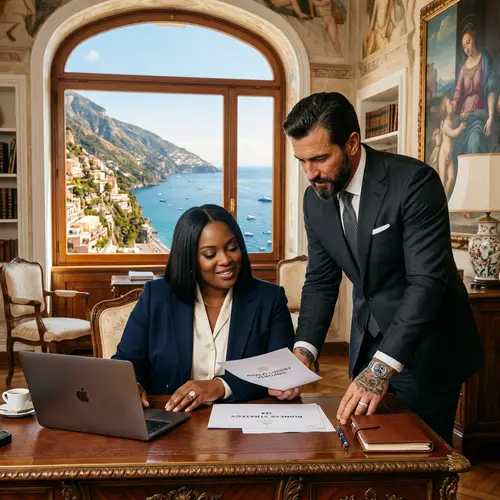 Luxurious Villa Scene: Plus-Size African American Woman and Handsome Russian Husband