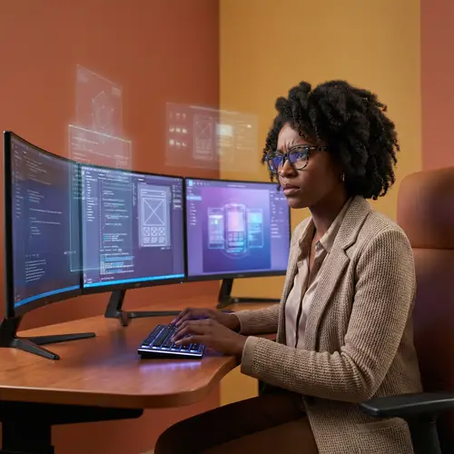 Skilled Black Woman Web Designer in Futuristic Office Setting