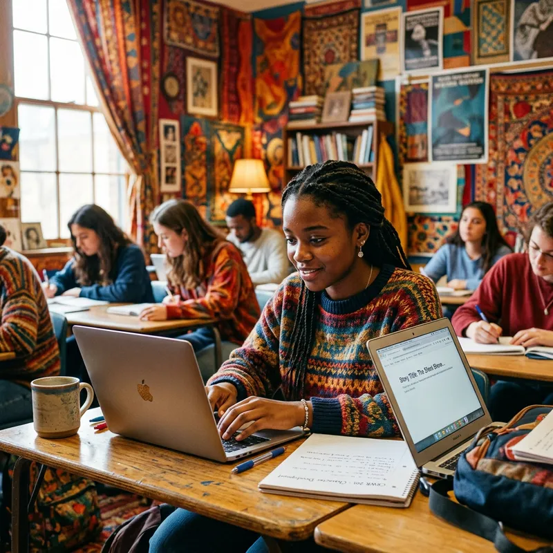 Energetic Black Woman in College Classroom: Academic Creativity