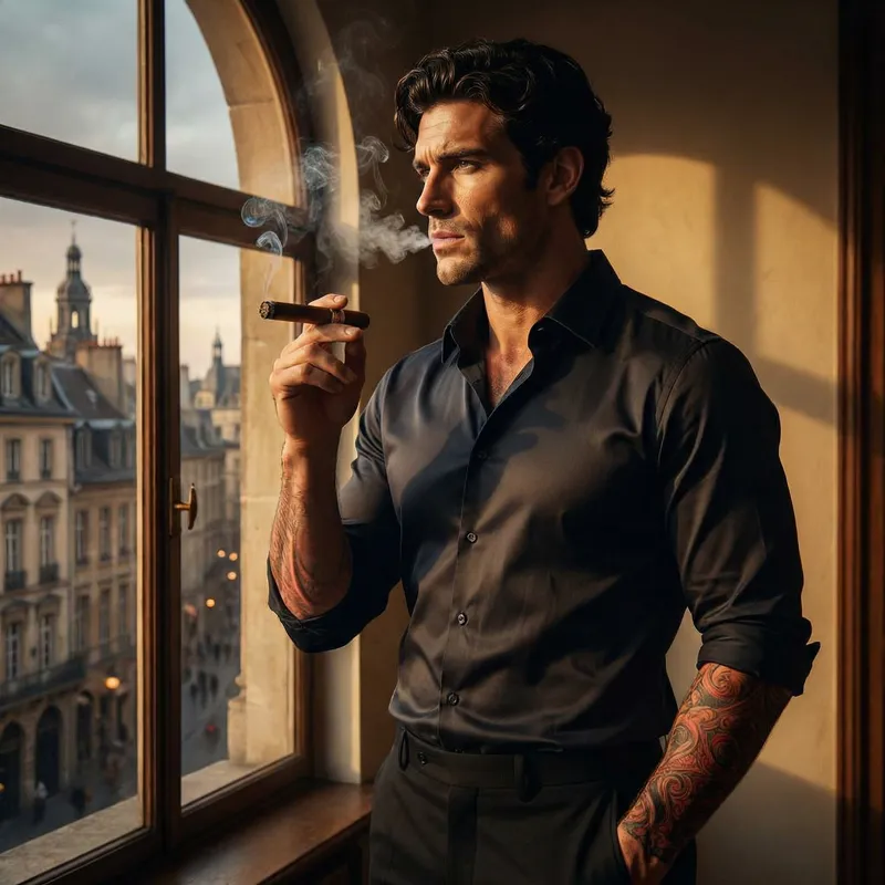 Mysterious French Gentleman: Charismatic Aura and Intricate Tattoo Designs