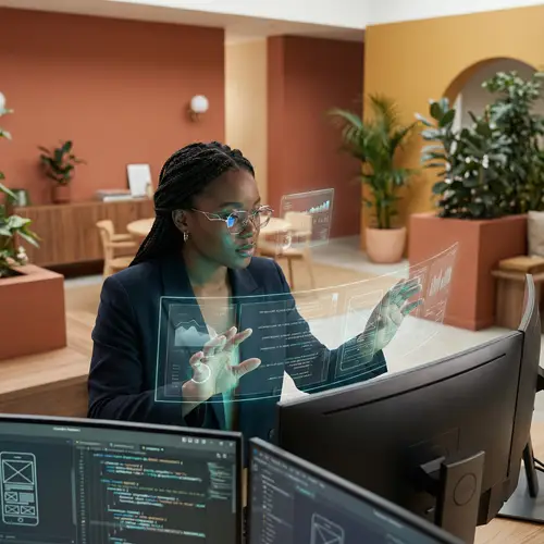 Skilled African Descent Woman Web Designer in Futuristic Office