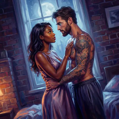 Romantic Portrait of Black Woman and White Man in Moonlit Room