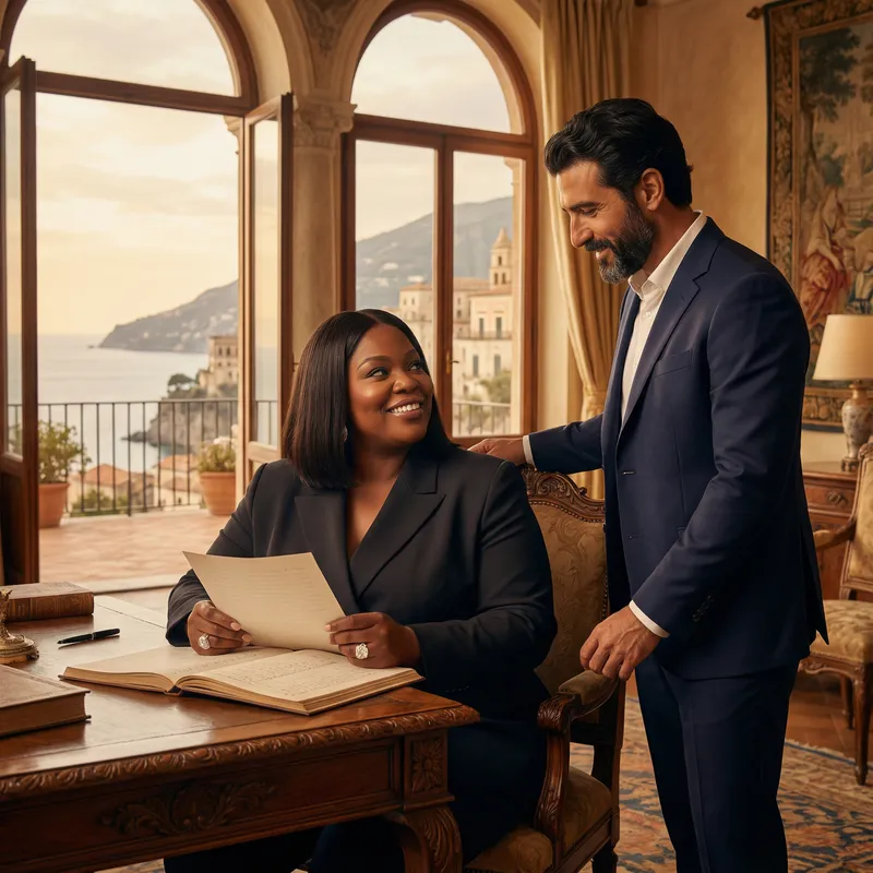 Empowered Plus-Size African American Woman and Italian Husband in Opulent Amalfi Coast Setting