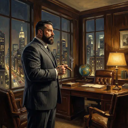 Sophisticated Italian Man in Penthouse Office with Urban Skyline View
