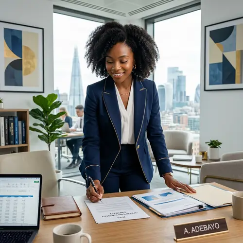 Empowered African American Woman in Stylish Business Suit at Modern Office