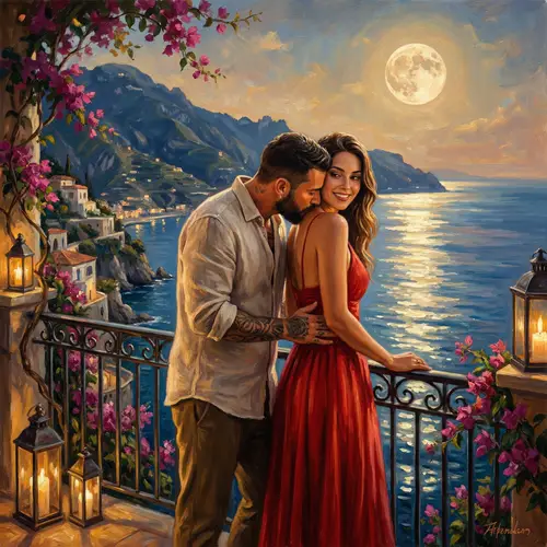 Romantic Moonlit Scene in Amalfi Coast - Kiss of Love
