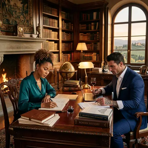 Luxurious Italian Home Scene with African American Woman Crafting Novel