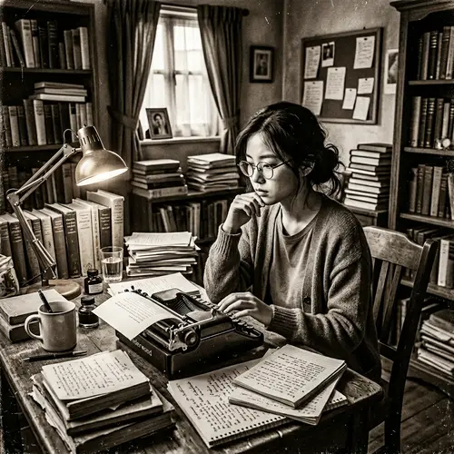 Vintage Scene: Asian Woman Writing Literary Masterpiece