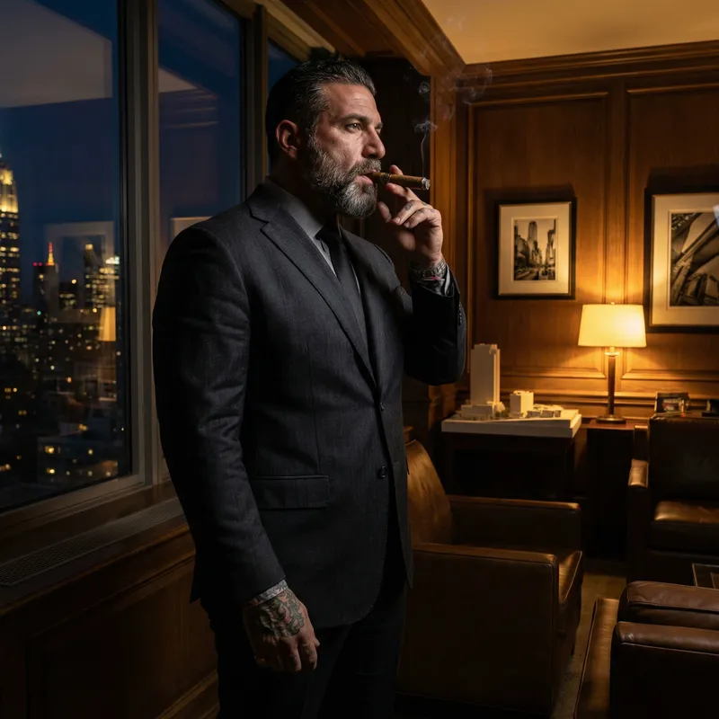 Sophisticated Power: Italian Man in Luxe Suite, NYC Night Views