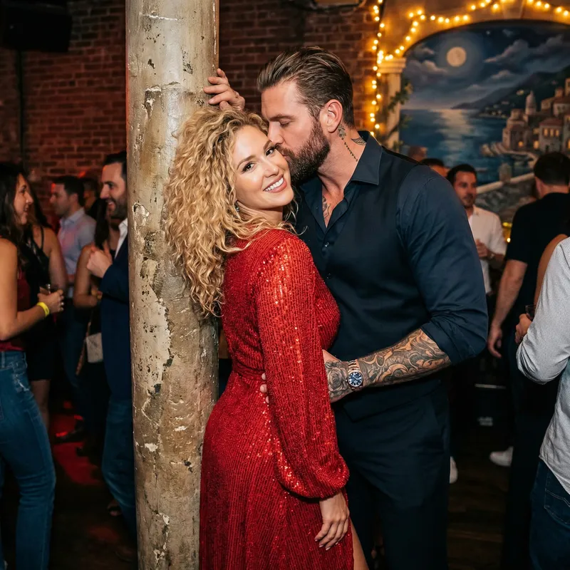 Elegant Italian Couple in Red Dress & Suited Charm | Romantic Night Club Scene