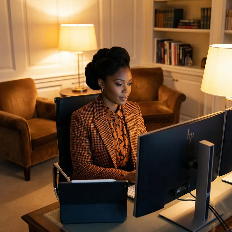 Stunning Black Woman in Chic Orange Attire in Luxurious Office Stunning Black Woman in Chic Orange Attire in Luxurious Office