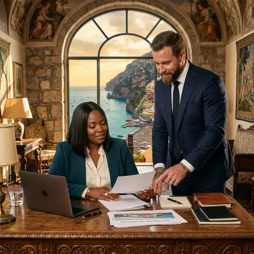 Luxurious Plus-Size African American Woman and White Husband in Lavish Amalfi Coast Villa