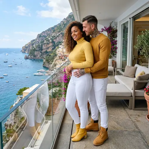 Stylish Couple Embracing in Opulent Amalfi Coast Penthouse