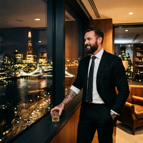 Elegant Man in London: Muscular Athlete in Fine Suit with Tattoos