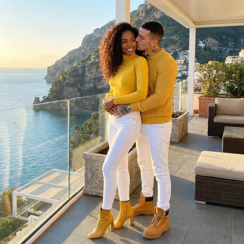 Luxurious Amalfi Coast Portrait - Elegant Couple Embracing in High Fashion Style