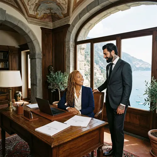 Elegant African American Woman and Italian Husband in Old-Fashioned Italian Villa