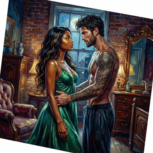 Romantic Painting Scene with Striking Black Woman and Charismatic White Man