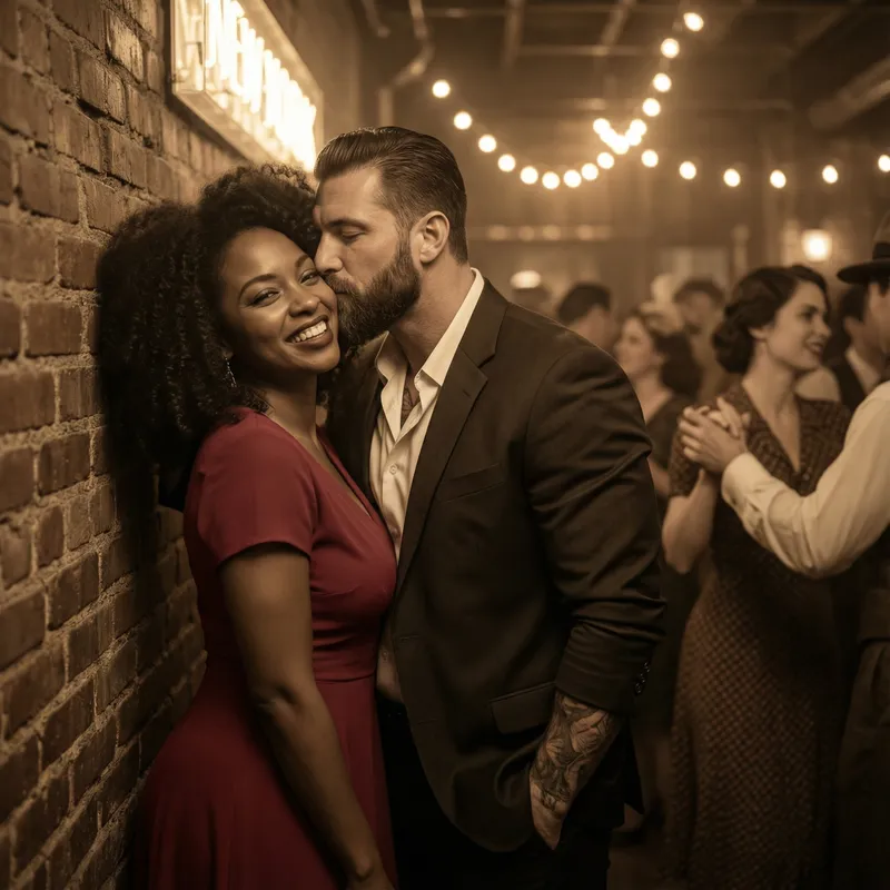 Enchanting Love Story: Radiant Black Woman & Italian Husband in Elegant Nightclub Portrait