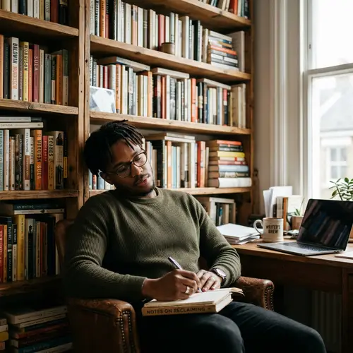 Young Black Man Writing First Book at Home Office | Inspiring Scene