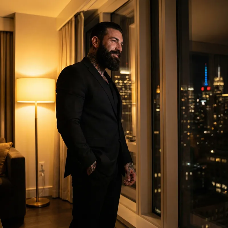 Captivating Urban Romanticism: Italian Man in Tailored Suit by NYC Night Lights