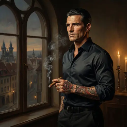 Charismatic German Gentleman with Chiseled Physique and Silk Attire