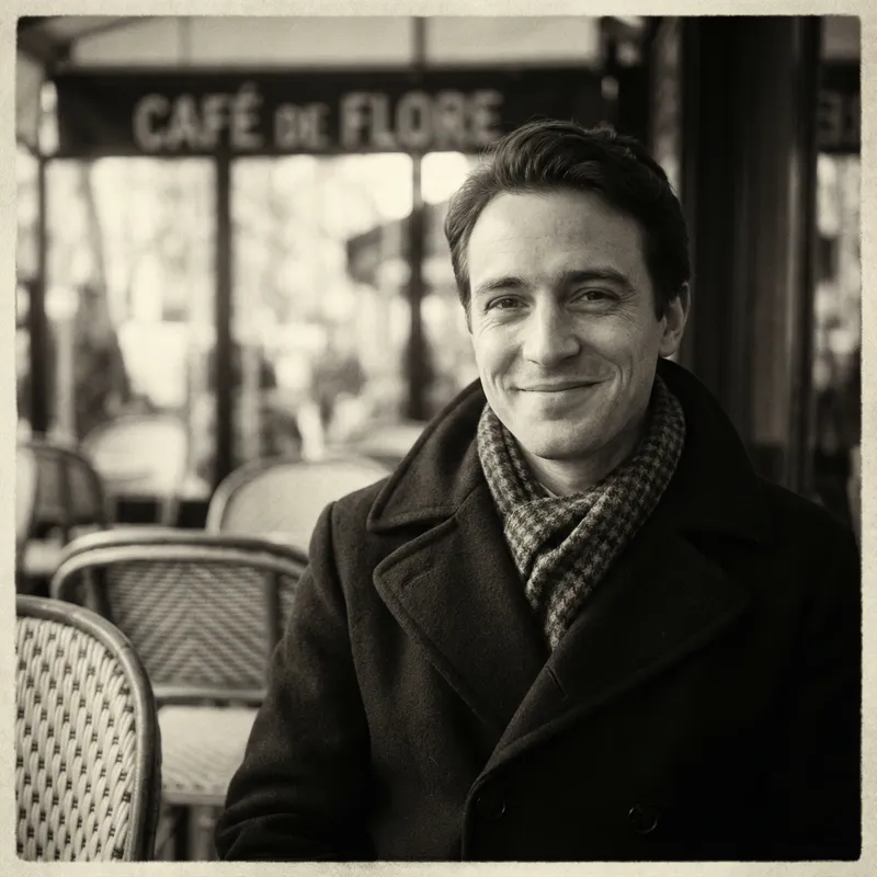 Elegant French Gentleman with Captivating Green Eyes in Timeless Monochrome