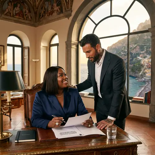 Luxurious Plus-Size Black Woman and Handsome Husband in Amalfi Coast Villa