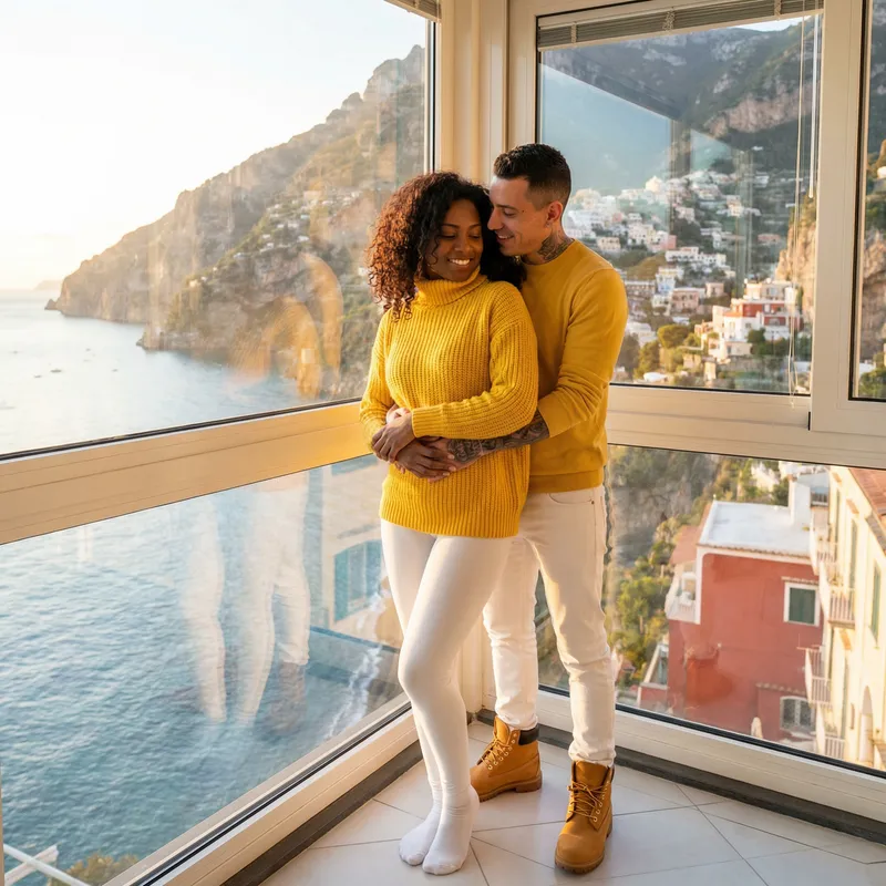 Luxurious Love Story: African American Woman and Italian Man Embrace in Amalfi Coast Penthouse