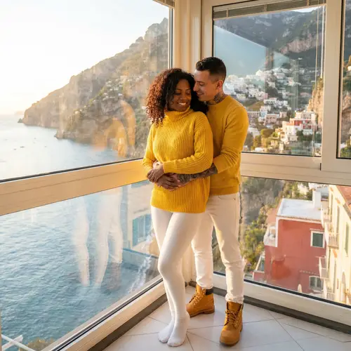 Elegant African-American Woman Embraced by Italian Man in Amalfi Coast Penthouse