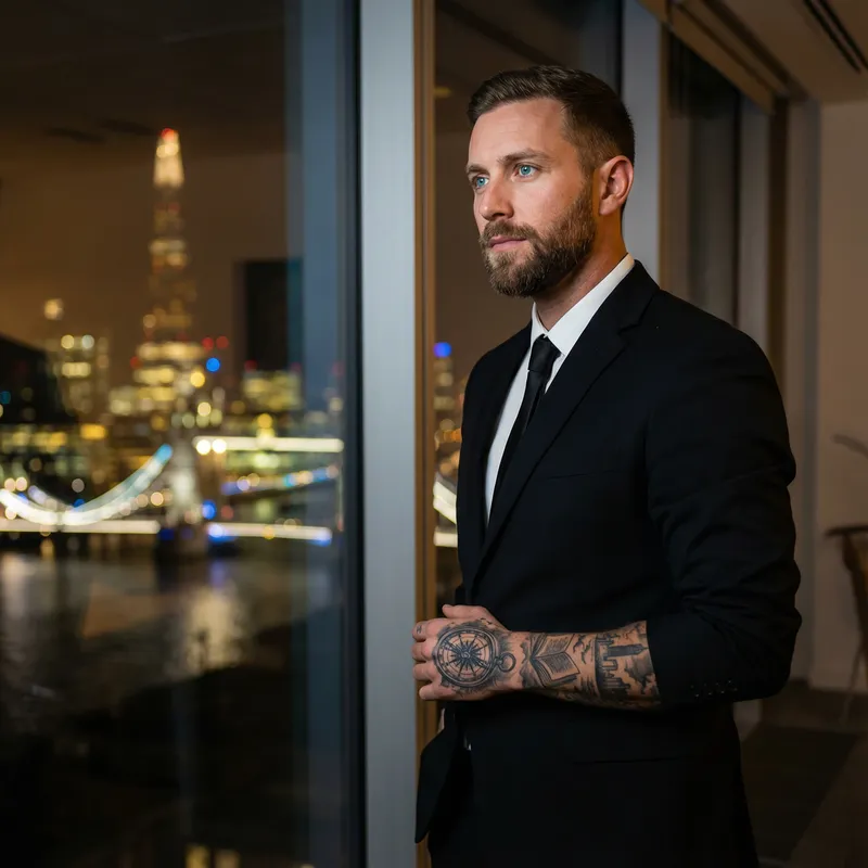 Sophisticated Urban Romanticism: Charismatic Man in London Night Lights