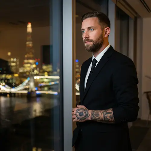 Charismatic Caucasian Male in Black Suit with Intricate Tattoos | Urban Romanticism Portrait